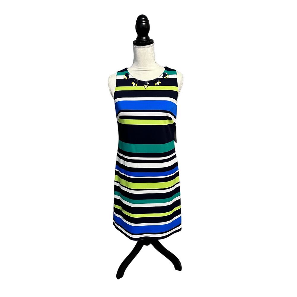 NWT Vince Camuto Women's Striped Sleeveless Dress Embellished Neckline Size 4